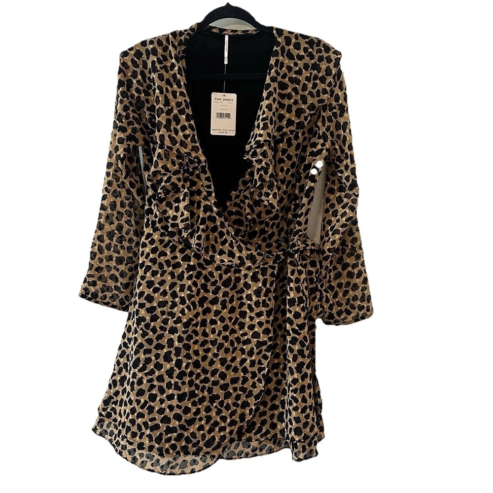 NWT Free People Frenchie Leopard Print Long Sleeve Mini Wrap Ruffle Dress Sz Med